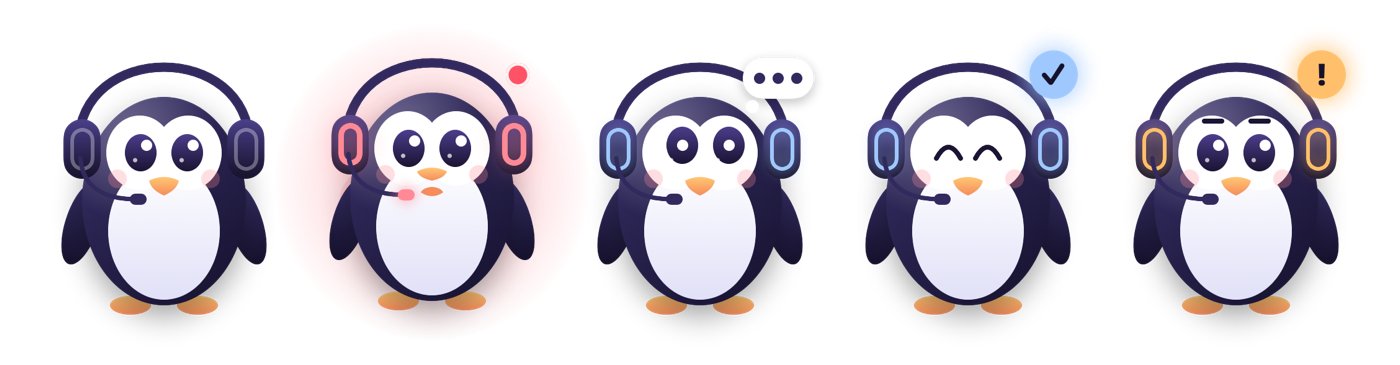 The penguin in five states: idle, listening, writing, done and problem